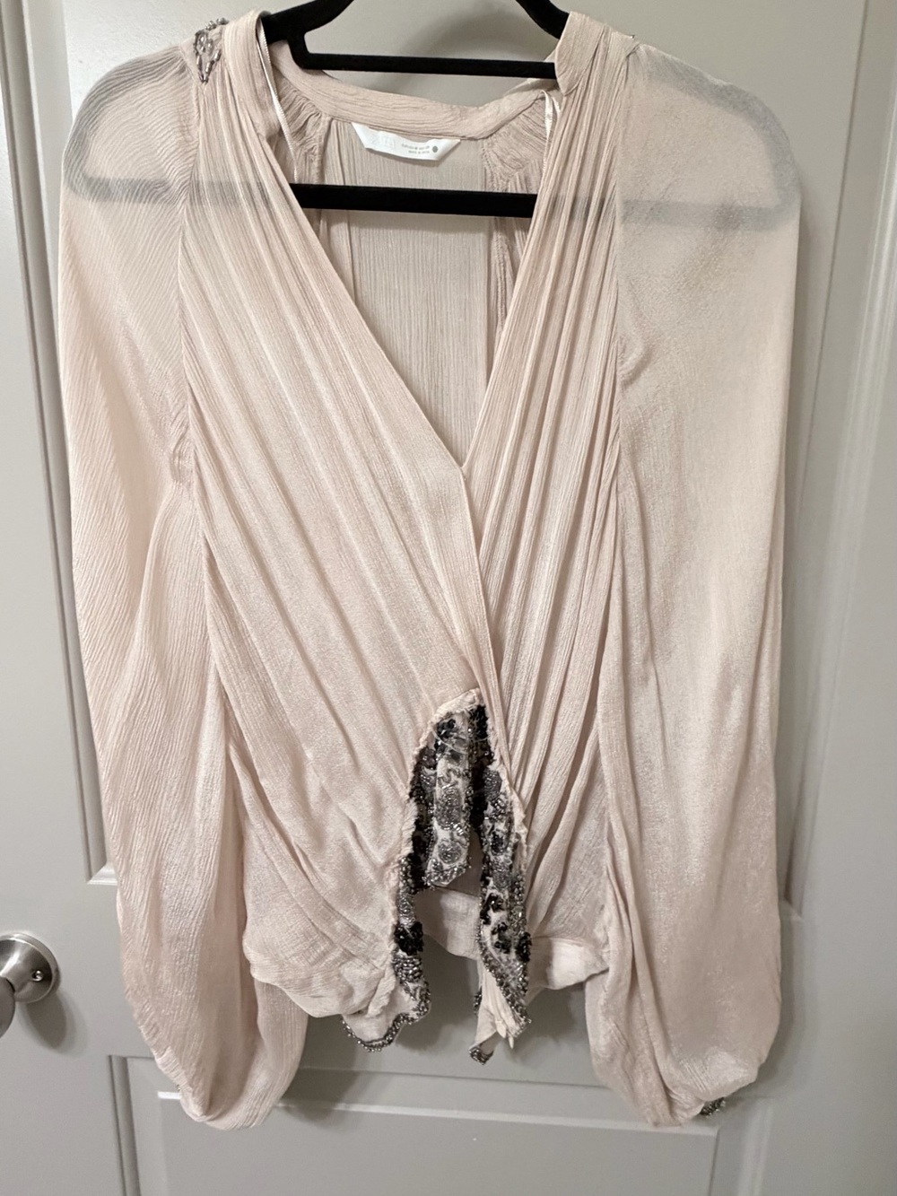 Zara Blush Wrap-Front Draped Blouse with Beaded Trim